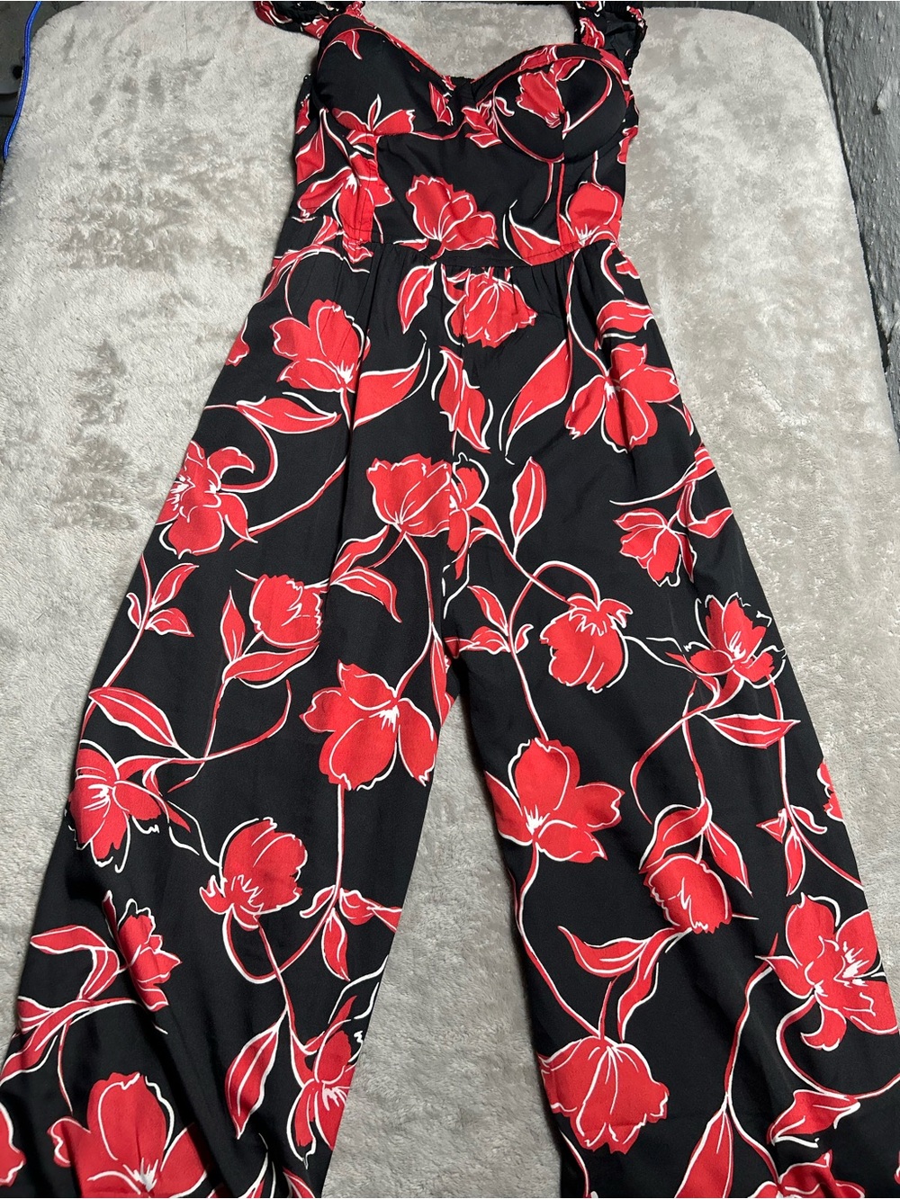 Black Jumpsuit with Red Floral Print